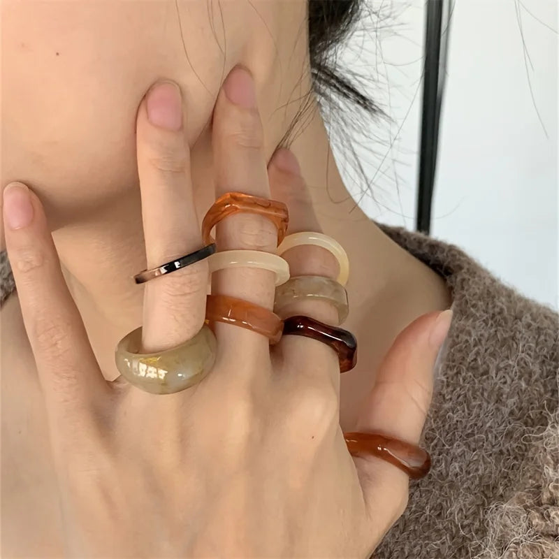 9-piece Bohemian retro style resin material multi-color ring, fashionable and elegant for women, can be stacked and worn